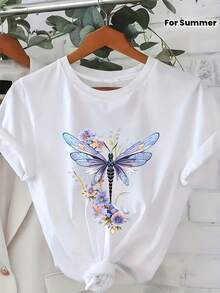 Ladies' Casual Short Sleeved T-Shirt With Round Neck Design And Letter Print, Perfect For Spring And Summer Wear. - 白色 - 查看 1