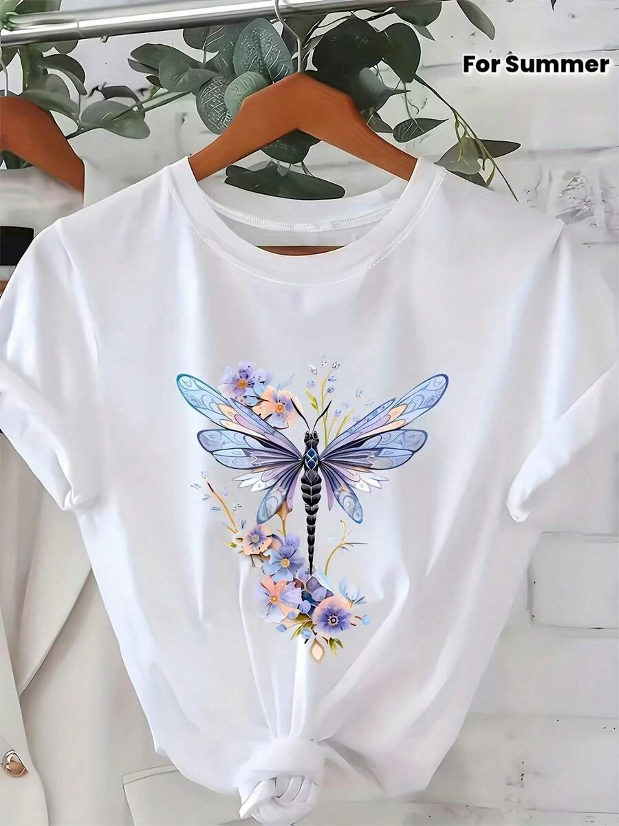Ladies' Casual Short Sleeved T-Shirt With Round Neck Design And Letter Print, Perfect For Spring And Summer Wear. - 白色 - 查看 1