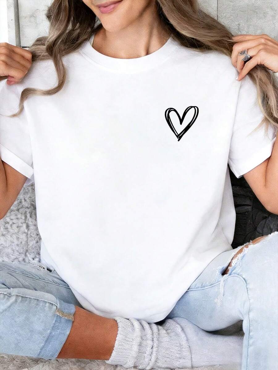 Valentine's Day T-Shirt, A Women's American Retro Style Short-Sleeved T-Shirt With A Loose Fit, Featuring Prints Of Hearts, Heart Shapes And New York Lettering, M - 白色 2 - 查看 1