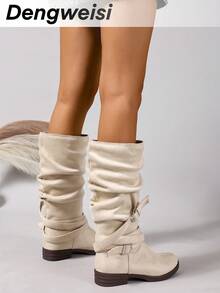 Beige Strap Buckle Slip-On Knight Boots, Chunky Heel, Round Toe, Versatile New Style, Commute, Casual, Daily, Vacation, Lazy Fashion Mid-Calf Boots - Beige - View 7