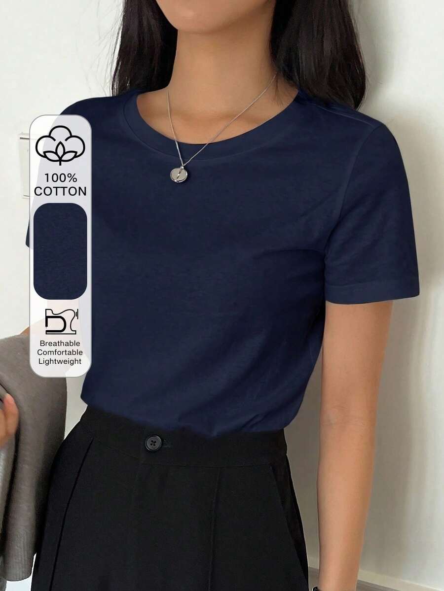 Camiseta De Manga Corta Con Cuello Redondo Y Color Sólido - Azul marino - Ver 1