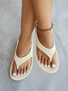 女款純色夾腳拖鞋，輕量露趾休閒平底拖鞋，軟底室內/室外通用，適合沙灘與泳池穿著 - 米色 - 查看 3