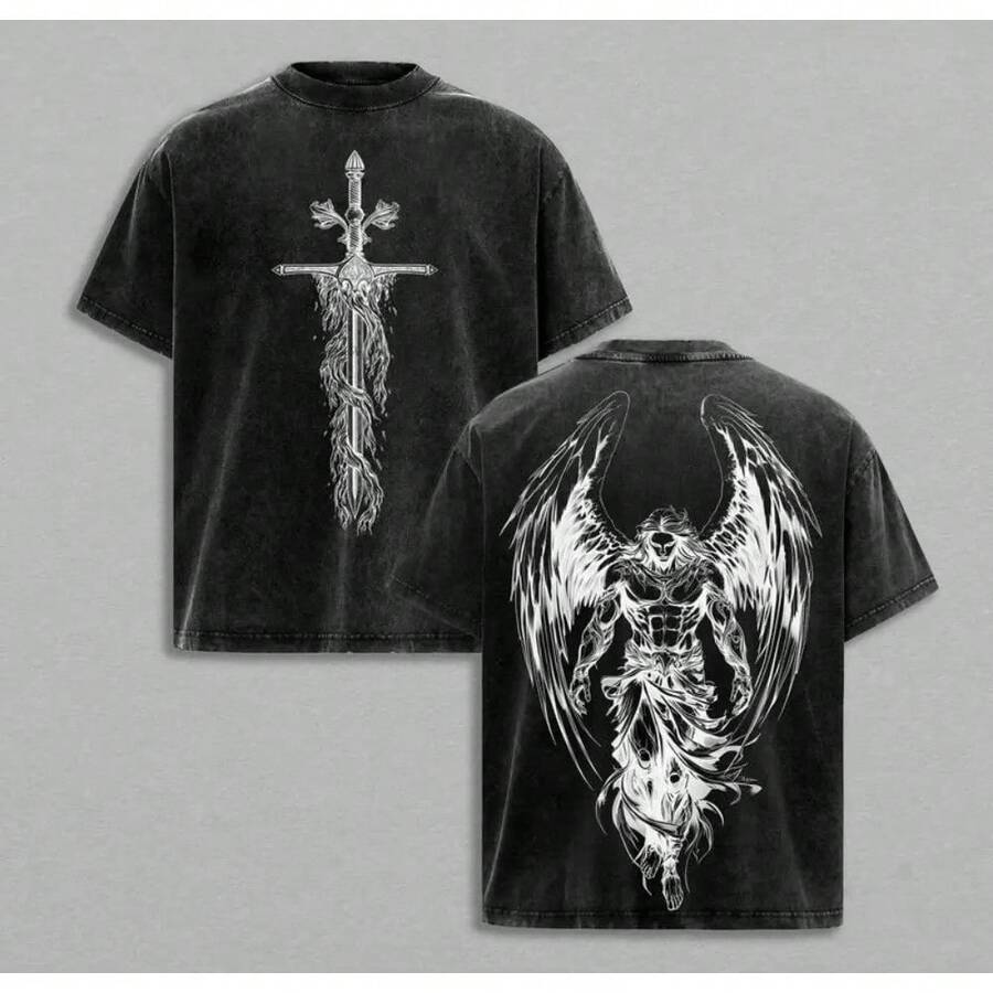 The Archangel T-Shirt With Flaming Sword, Washed Christian T-Shirt, Aesthetic Clothing, Scales Of Justice, Jesus T-Shirts, Christian Merchandise, Archangel Michael T-Shirts - 黑色 - 查看 1
