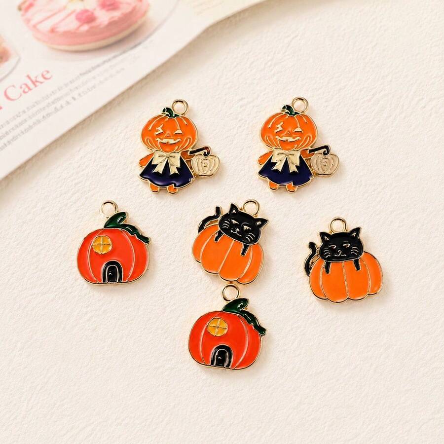10pcs Halloween Pumpkin And Black Cat Design Alloy Pendants, Jewelry Making Kit, Suitable For Keychains, Necklaces, Bracelets, Necklaces, Earring Pendants, Ideal Party Gift - Pendants - View 1