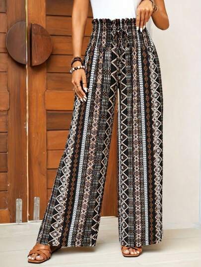 Pantalones largos holgados de cintura alta con estampado para mujer