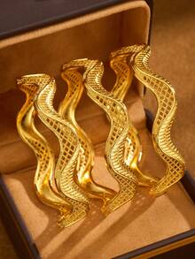 1/2/3pcs 24K Gold Plated Hand-Carved Shiny Sand Ripple Mesh Bracelet, 60mm Diameter Openable, Suitable For Women's Daily Wear, No Packaging Box - Gold - View 11