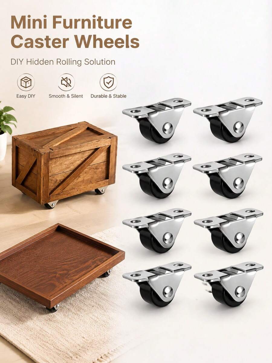 Mini Hidden Caster Wheels With Screws, Silent Furniture Rollers, Low Profile Rubber Wheels, Suitable For Storage Boxes, Cabinets, Toy Boxes And DIY Furniture - 0.5in - View 1