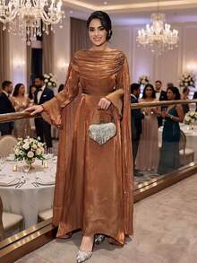 Shiny Elegant Pleated Cloak Robe, Fashion Reflective Fabric Evening Dress Fall - Brown - View 3