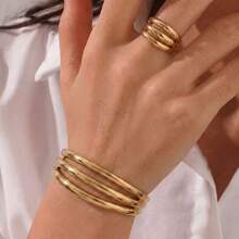 2pcs/Set Fashion Triple-Line Tubular Polished Metal Open Bangle & Ring Jewelry Set, Suitable For Women's Daily Wear And Party Use - Gold - View 3