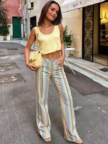Women's Rainbow Striped Straight Leg Jeans, Casual Street Style Pants For Spring/Summer, Holiday Outfits - Multicolor - View 1