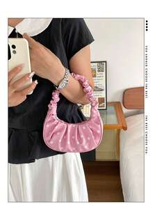 Sweet Pink Polka Dot Pleated Underarm Bag, Girly Niche Versatile Pleated Crescent Handbag For Commuting, Dating, Shopping - Multicolor - View 4
