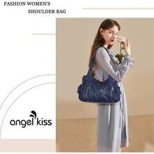 Angelkiss - Bolso de mano grande para mujer, de piel sintética lavada, bandolera, bandolera, bandolera - G-púrpura - Ver 9