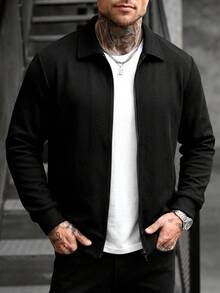 Men's Honeycomb Waffle Texture Minimalist Fashion Lapel Full Zip Long Sleeve Casual Sweatshirt For Daily Wear - Black - View 1