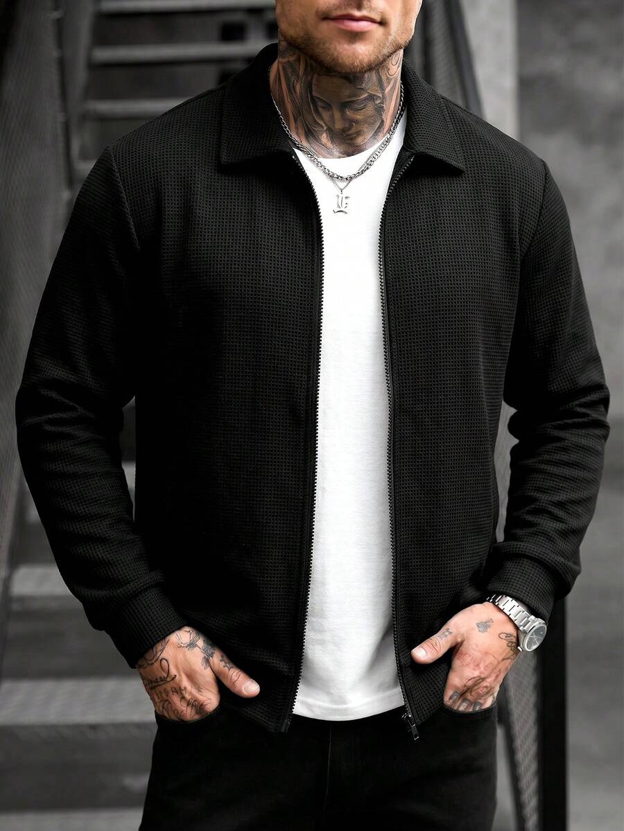 Men's Honeycomb Waffle Texture Minimalist Fashion Lapel Full Zip Long Sleeve Casual Sweatshirt For Daily Wear - Black - View 1