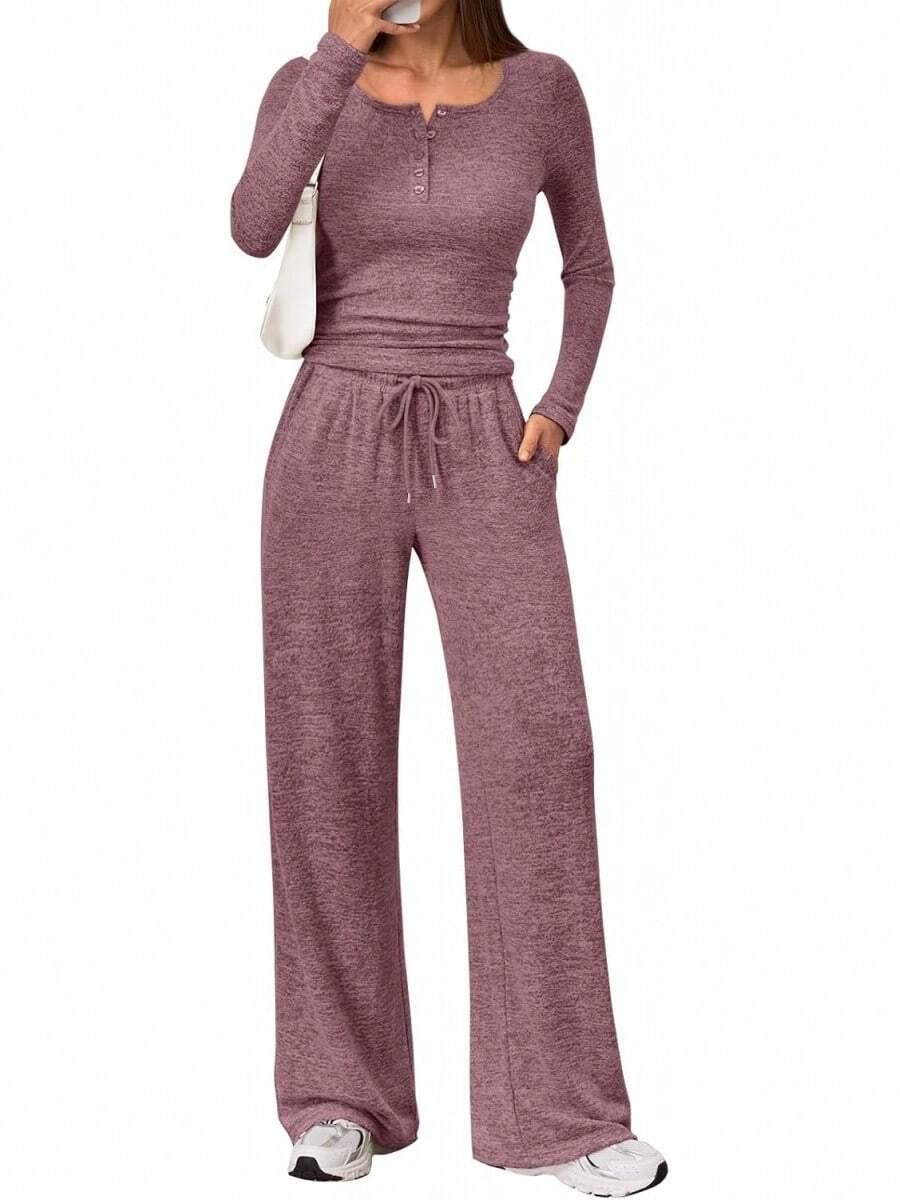 Trendy Queen - Conjunto de 2 piezas a juego para mujer, trajes de otoño a la moda, cuello henley, suéter de pierna ancha, pantalones de chándal - Gris Oscuro - Ver 1