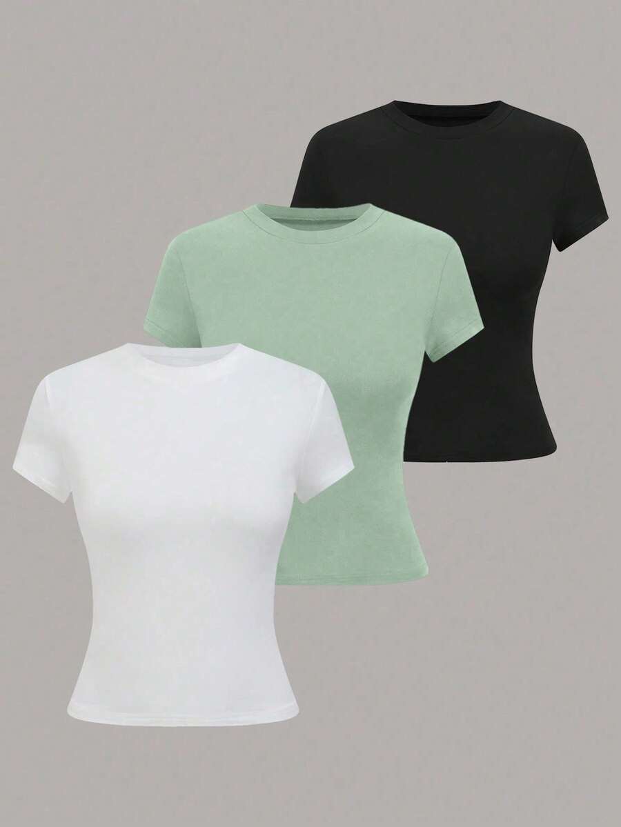Plivvot Camiseta casual de mujer de manga corta de unicolor, versátil - Multicolor 9 - Ver 1