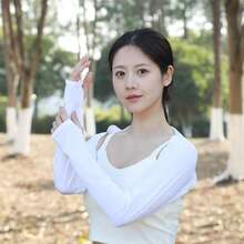 2件組黑白女款防曬袖套，防護涼感圍脖披肩，指環長袖護腕，適合開車、高爾夫、騎單車及戶外運動活動 - 彩色 - 查看 3