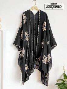 1 buah Syal Belah Bordir Motif Bunga Elegan Gaya Bohemian untuk Wanita, Kimono, Sarung, Pakaian Luar Musim Semi Musim Panas untuk Liburan Pantai, Perlindungan Matahari, Perlindungan UV, Kardigan Bordir, Modis, Serbaguna, Mewah, Dekoratif, Cocok untuk Sehari-hari, Pilihan Hadiah yang Serasi - Hitam - View 1