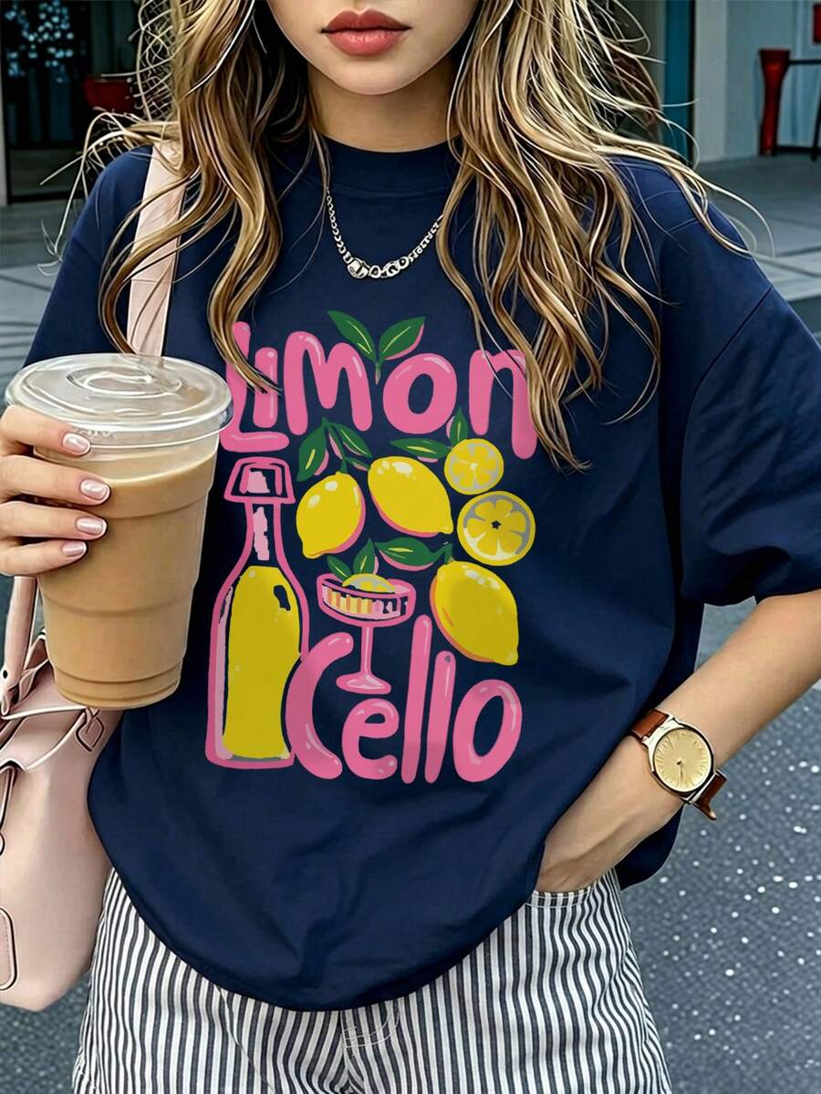Kaos Wanita Lengan Pendek Leher Bulat Longgar Serbaguna, Atasan Kasual untuk Pemakaian Sehari-hari, Musim Panas - Navy Blue - View 1