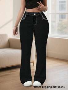 Plus Size Gothic Slim Fit Denim Effect Printed Long Pants, Pink Cross Embroidery Print, Medium Stretch Faux Pockets, Distressed Flare Leg - Multicolor - View 3