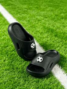 HAHABOBO New Black Boys' Football Print Slip-On Slides, Indoor/Outdoor Use, Suitable For Home/Bathroom/Walking, All-Season - Black - View 2