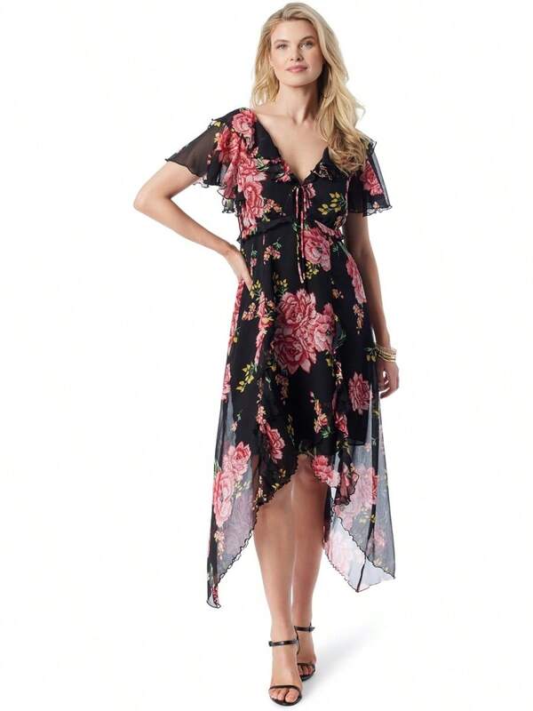 Jessica Simpson Vestido largo Maila para mujer con bajo asimétrico y volantes, con forro, estándar