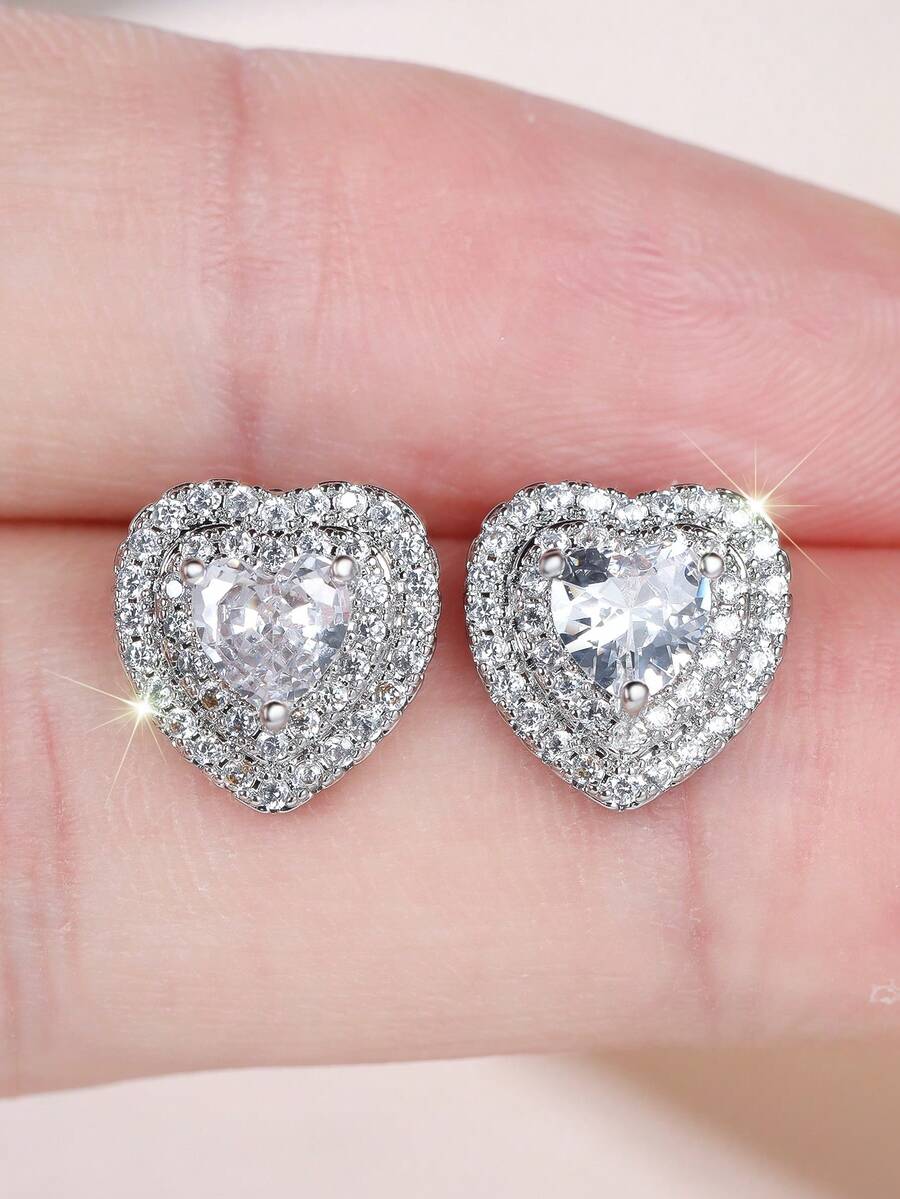 1 Pair Of Sweet Double-Layer Heart-Shaped Diamond-Studded Women's Earrings-Eye-Catching, Lightly Luxurious Jewelry For Confessions, Gifts, And Parties - Silver - View 1