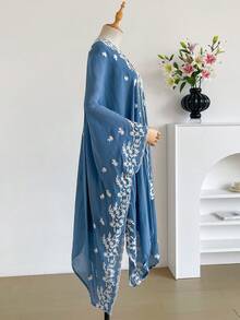 IROJEFF 1件優雅花卉圖案波希米亞風刺繡開襟披肩女款和服式圍裙，春夏外穿沙龍，海灘度假防曬UV防護刺繡開襟衫，時尚百搭奢華裝飾，適合日常穿著，送禮首選 - 藍色 - 查看 4