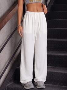 Women's Summer Lightweight Breathable Casual Pants With Elastic Waist Drawstring Loose Drape Relaxed Lazy Versatile Fashion Wide Leg Long Pants - White - View 2