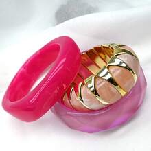 GNIT Set Gelang Wanita Resin Merah Muda & Emas Y2K, 3 buah/1 buah Gelang yang Dapat Ditumpuk dengan Potongan Faset Berkilau & Desain Marmer, Gaya Modis - Berkilau, Emas Merah Muda, Merah Mawar - View 6
