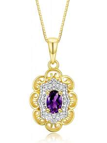 lo de 14K, Collar con Flor, Colgante de Piedras Preciosas y Diamantes Genuinos, Cadena de 18", Amatista 6X4MM, Piedra de Nacimiento de Febrero, Joyería para Mujer, Collares de Oro para Mujer - 1 - Ver 1