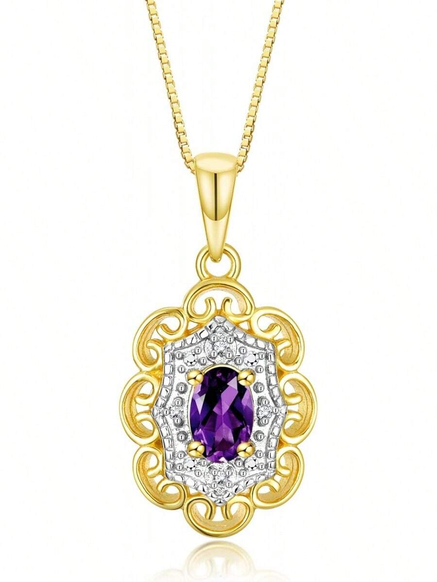 lo de 14K, Collar con Flor, Colgante de Piedras Preciosas y Diamantes Genuinos, Cadena de 18", Amatista 6X4MM, Piedra de Nacimiento de Febrero, Joyería para Mujer, Collares de Oro para Mujer - 1 - Ver 1