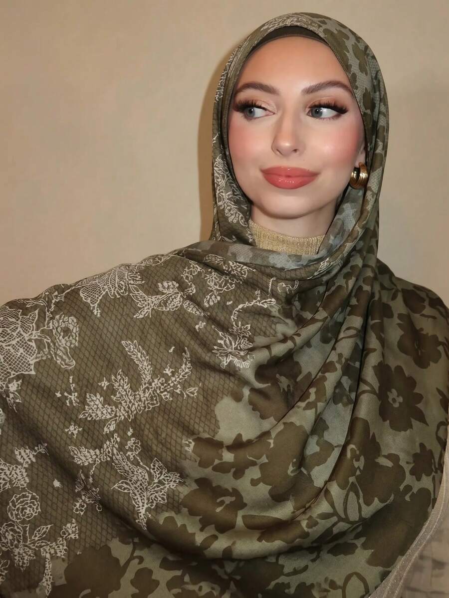 1件女款波希米亞風水彩大理石水波紋紮染印花頭巾圍巾,適合日常穿著 - 草綠蕾絲 - 查看 1