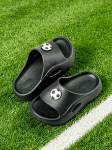 HAHABOBO New Black Boys' Football Print Slip-On Slides, Indoor/Outdoor Use, Suitable For Home/Bathroom/Walking, All-Season - Black - View 4
