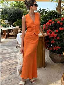 Damen Baumwolle Leinen V-Ausschnitt Lässig Urlaub Weste Top und Rock Set, Frühling/Sommer Outfit - Weste Top & ausgestellter Rock Lässig Set, Neues Frühling/Sommer Sexy V-Ausschnitt Elegantes Weste Top und Slim Fit Maxi Rock Set - Orange - Übersicht 4