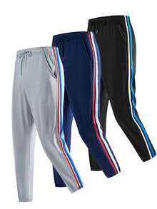 2pcs Women's Solid Color Drawstring Elastic High Waist Side Red & Blue Contrast Color Three-Stripe Woven Tape Patchwork Soft Knit Jogger Pants, Outdoor Sports Long Pants - Light Grey - View 6