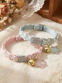 1 Pc Adjustable Pet Collar With Star Ornaments And Bells, Suitable For Cats And Small Dogs With Floral Decorations - Multicolor - View 9
