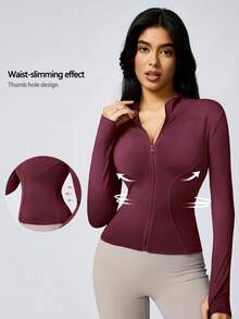 1pc Women's Solid Color Thumb Hole Long Sleeve Zip-Up Sports Jacket, Suitable For Yoga And Daily Wear, Autumn Spring - Red Violet - View 10