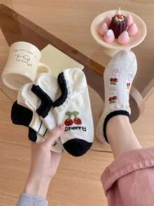 5 pares de calcetines cortos de mujer de verano con diseño de cereza, calcetines tipo barco, calcetines invisibles, calcetines de malla de algodón fino, diseño de dibujos animados lindos - Multicolor - Ver 1