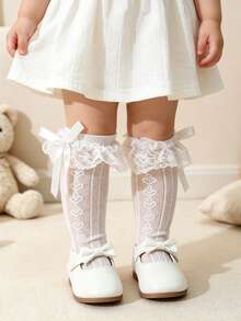 1 Pair Baby Girls' Sweet Cute Lace Ruffle Bow Heart Jacquard Mesh Ankle Socks - White - View 3