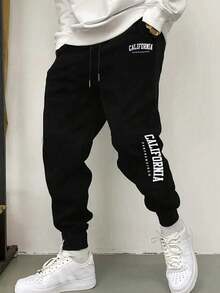 Pantalones de chándal ligeros y sueltos con cordón elástico para hombres, estampado con letras de moda - Negro - Ver 11