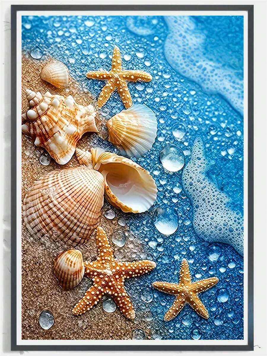 1 pièce Kit de peinture de diamant DIY, Coquillage de plage & Étoile de mer, Art de diamant à perçage complet, Décoration murale faite main pour le salon, la chambre, l'entrée, thème de plage d'été et d'océan, pack de matériaux d'artisanat de loisirs et de soulagement du stress pour adultes