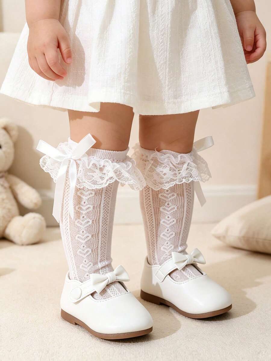 1 Pair Baby Girls' Sweet Cute Lace Ruffle Bow Heart Jacquard Mesh Ankle Socks