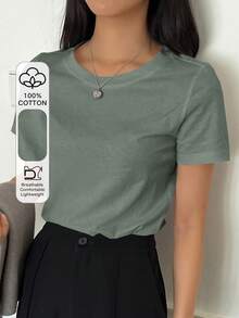 Short-Sleeved T-Shirt With Round Neck And Solid Color - Green - View 1