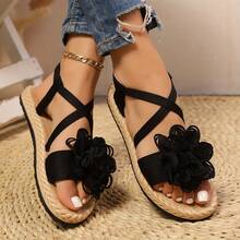 Elegantes sandalias planas florales para mujer, sandalias decoradas con grandes flores, zapatos planos casuales de punta abierta para todas las estaciones, sandalias ligeras y cómodas de est - Azul - Ver 5