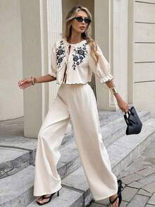 Set de 2 piezas con top con enredo frontal y pantalones con bordado floral para mujer - Albaricoque - Ver 5