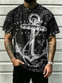 Men's Plus Size Anchor Nautical Map Round Neck Short Sleeve T-Shirt - Black - View 5