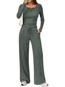 Trendy Queen - Conjunto de 2 piezas a juego para mujer, trajes de otoño a la moda, cuello henley, suéter de pierna ancha, pantalones de chándal - Gris Oscuro - Ver 13