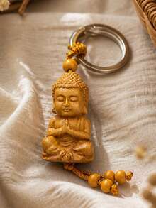 1pc Vintage Carved Buddhist Bead Keychain, Back To School Halloween Thanksgiving Christmas Good Luck Backpack Car Key Pendant Gift - Rust Brown - View 2