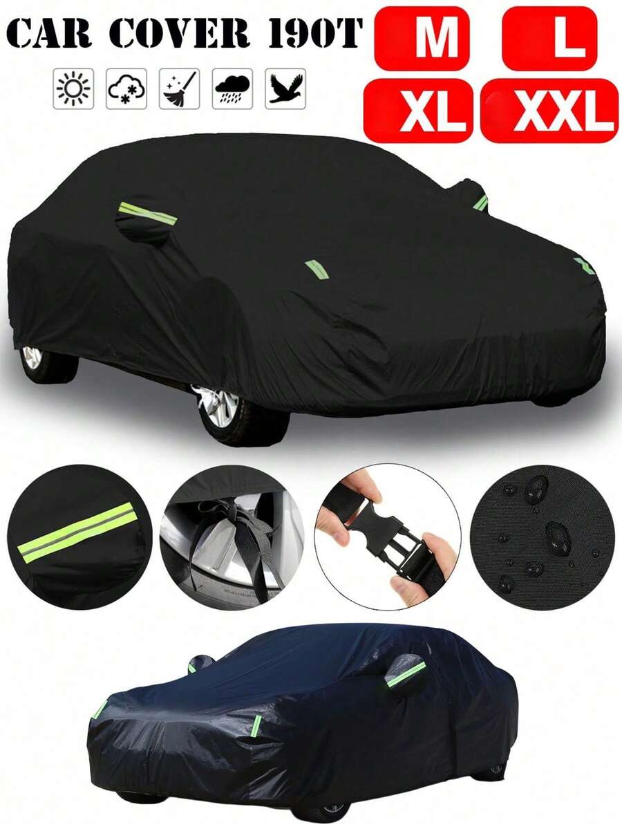 全黑 190T 塔夫綢防雨防曬汽車罩，附防風綁帶，聚酯纖維反光條，SUV 適用，防水戶外全天候防曬抗 UV 防塵防霜防雪，四季通用高級全車罩